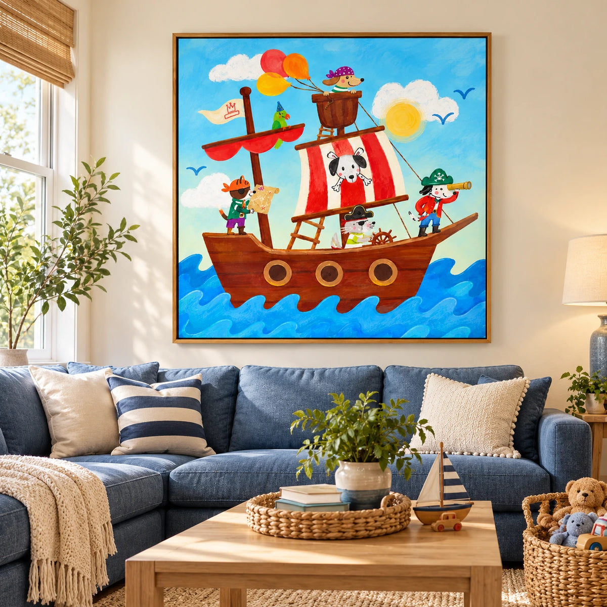 Pirate Animals on a Sailing Ship Oil Painting | Colorful Dog Cat and Parrot Kids Room Square Wall Art OA 1662