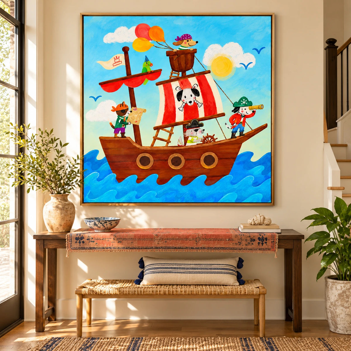 Pirate Animals on a Sailing Ship Oil Painting | Colorful Dog Cat and Parrot Kids Room Square Wall Art OA 1662