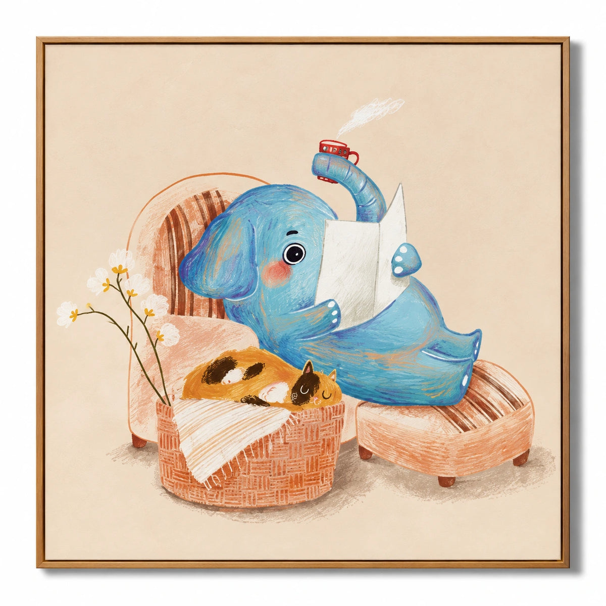 Reading Blue Elephant and Sleeping Cat Oil Painting | Whimsical Nursery Animal Wall Art #OA 1611