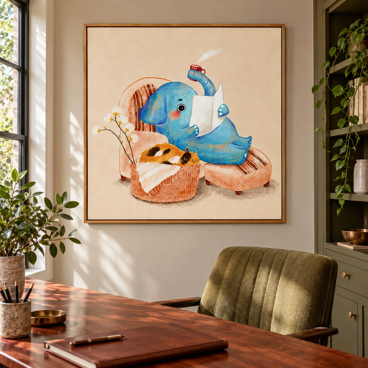 Reading Blue Elephant and Sleeping Cat Oil Painting | Whimsical Nursery Animal Wall Art #OA 1611
