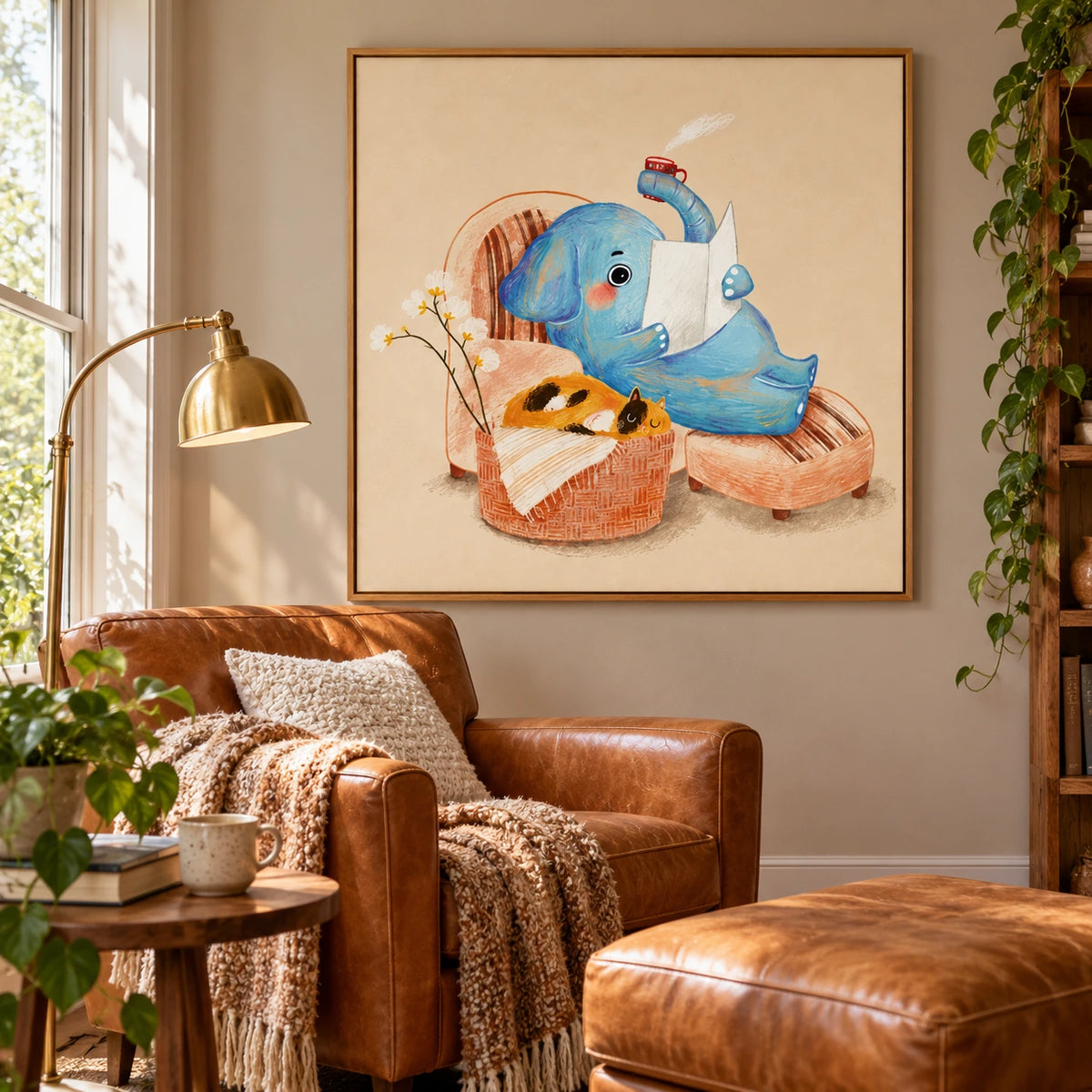 Reading Blue Elephant and Sleeping Cat Oil Painting | Whimsical Nursery Animal Wall Art #OA 1611
