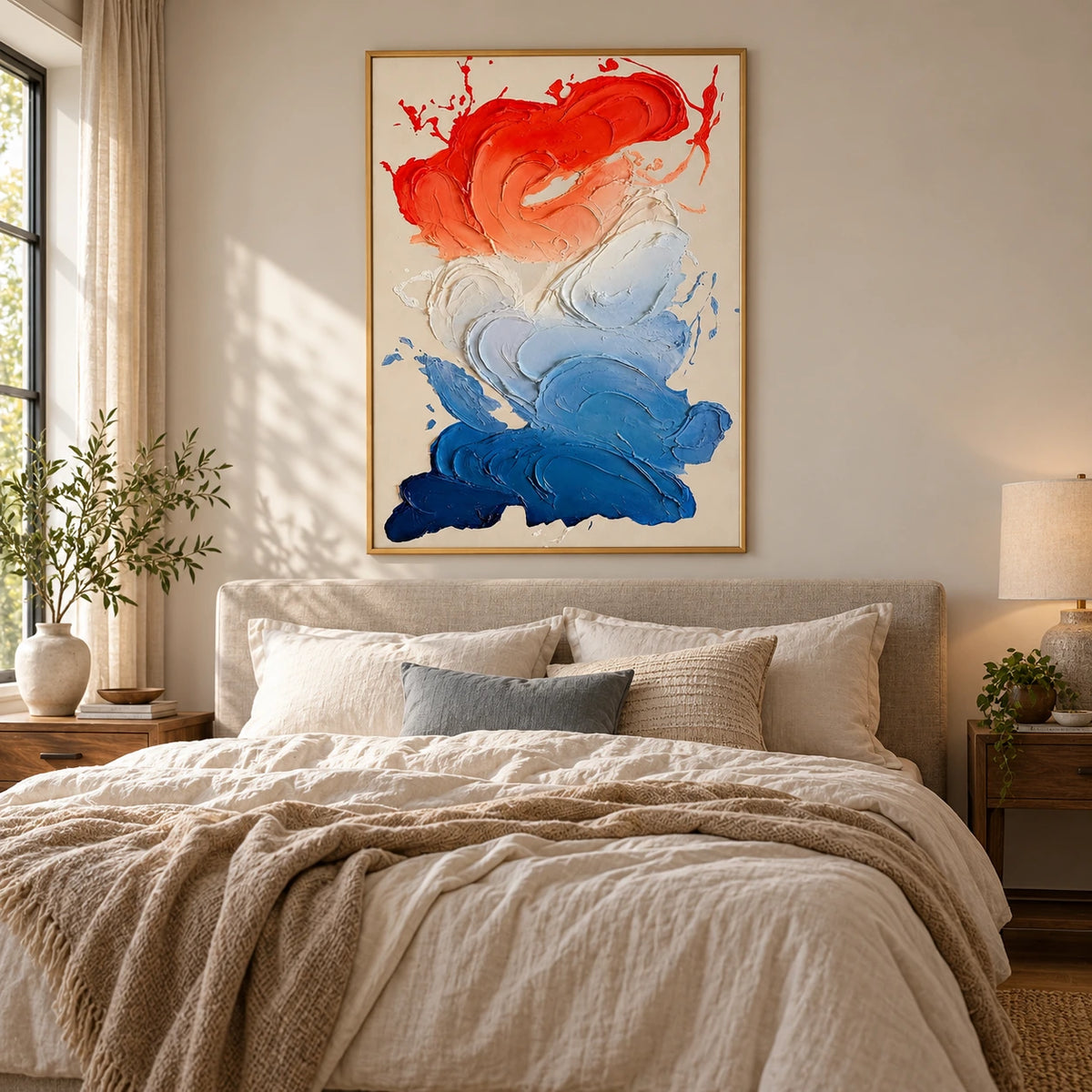 Red White and Blue Abstract Oil Painting | Swirling Raised Paint on Beige Vertical Colorful Wall Art OA 1789