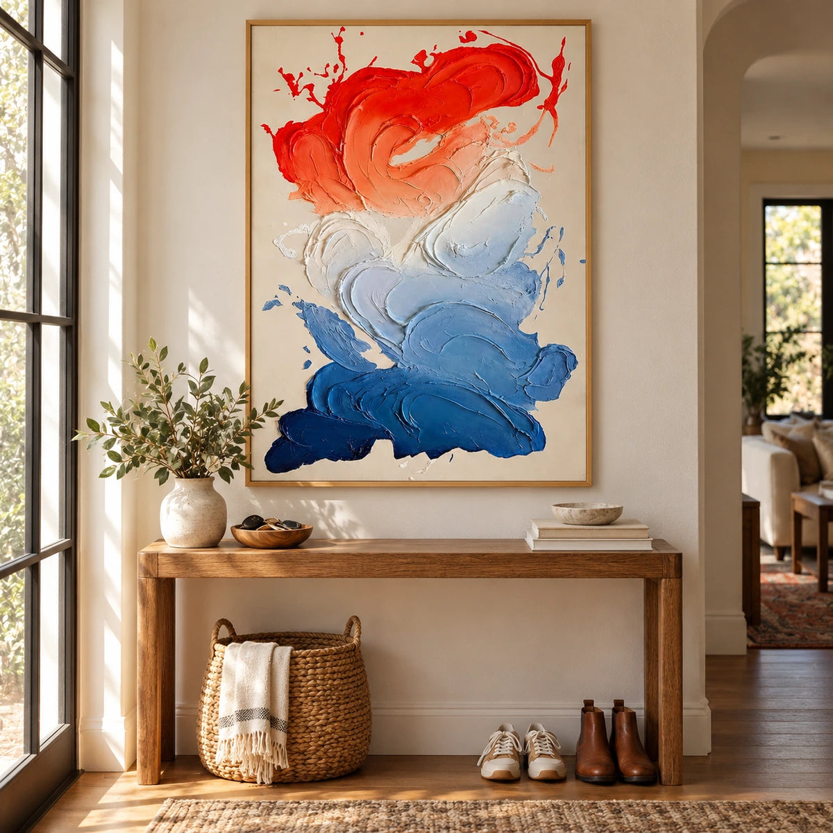 Red White and Blue Abstract Oil Painting | Swirling Raised Paint on Beige Vertical Colorful Wall Art OA 1789