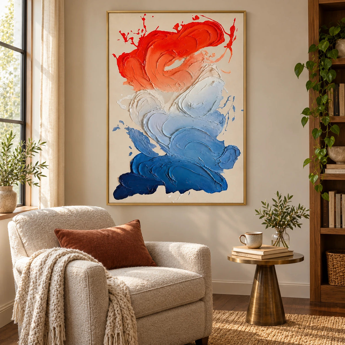 Red White and Blue Abstract Oil Painting | Swirling Raised Paint on Beige Vertical Colorful Wall Art OA 1789