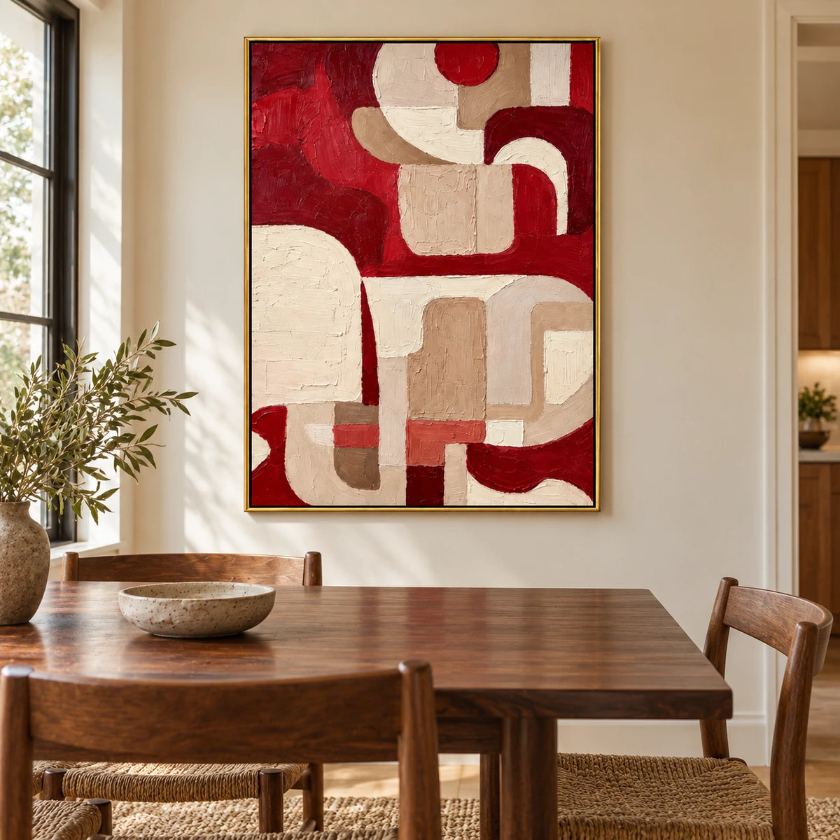 Red and Beige Abstract Oil Painting | Burgundy Geometric Curves Textured Impasto Vertical Wall Art #OA 1693