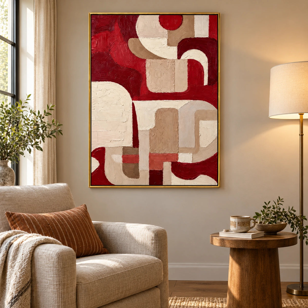 Red and Beige Abstract Oil Painting | Burgundy Geometric Curves Textured Impasto Vertical Wall Art #OA 1693
