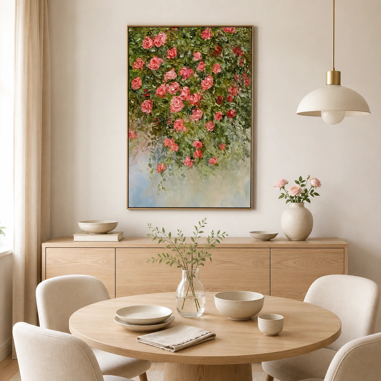 Romantic Rose Garden Hand-Painted Impasto Oil Painting, Pink Floral Cascade Textured Canvas Wall Art for Living Room, Bedroom and Luxury Interiors | Ownanart # OA 1227