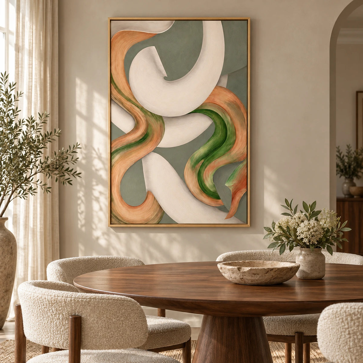 Sage Green Peach and Ivory Abstract Oil Painting | Flowing Organic Curves Modern Vertical Wall Art #OA 1638