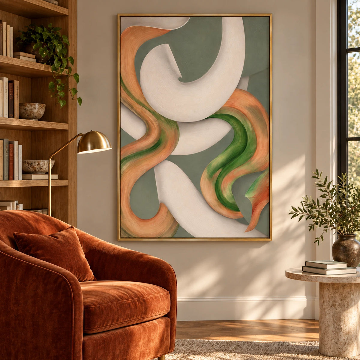 Sage Green Peach and Ivory Abstract Oil Painting | Flowing Organic Curves Modern Vertical Wall Art #OA 1638