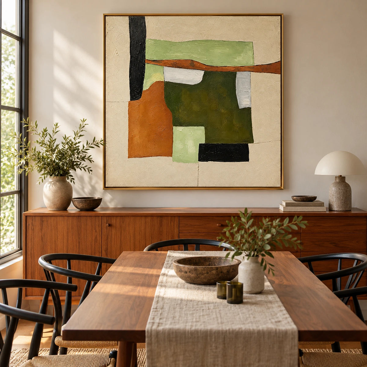Sage Green Terracotta and Cream Geometric Abstract Oil Painting | Mid Century Modern Wall Art #OA 1622