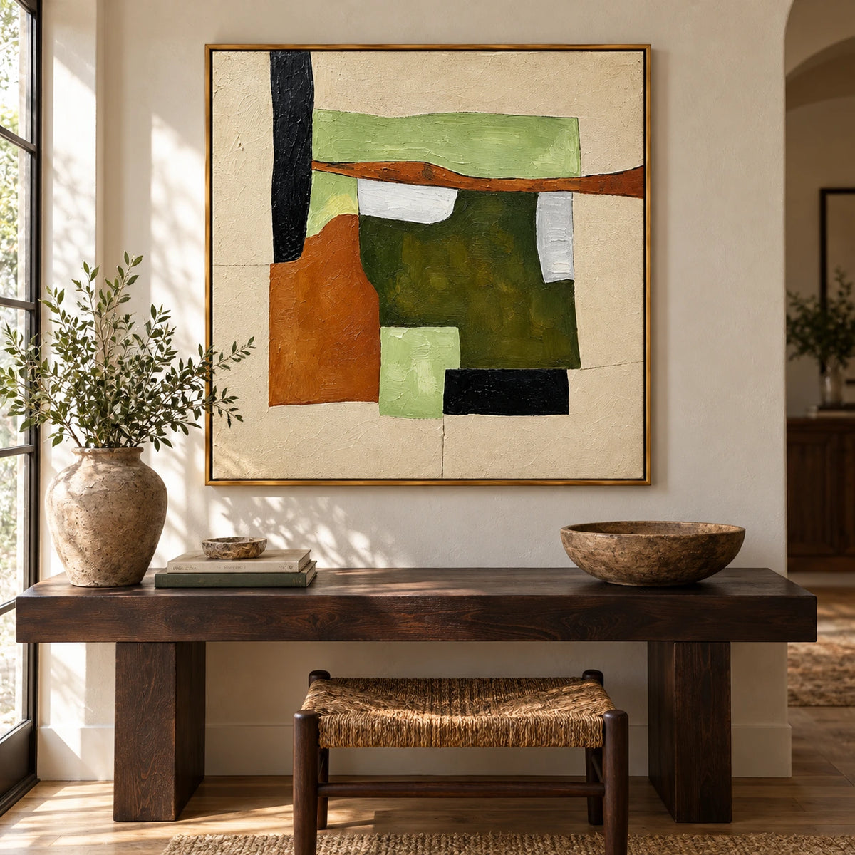 Sage Green Terracotta and Cream Geometric Abstract Oil Painting | Mid Century Modern Wall Art #OA 1622