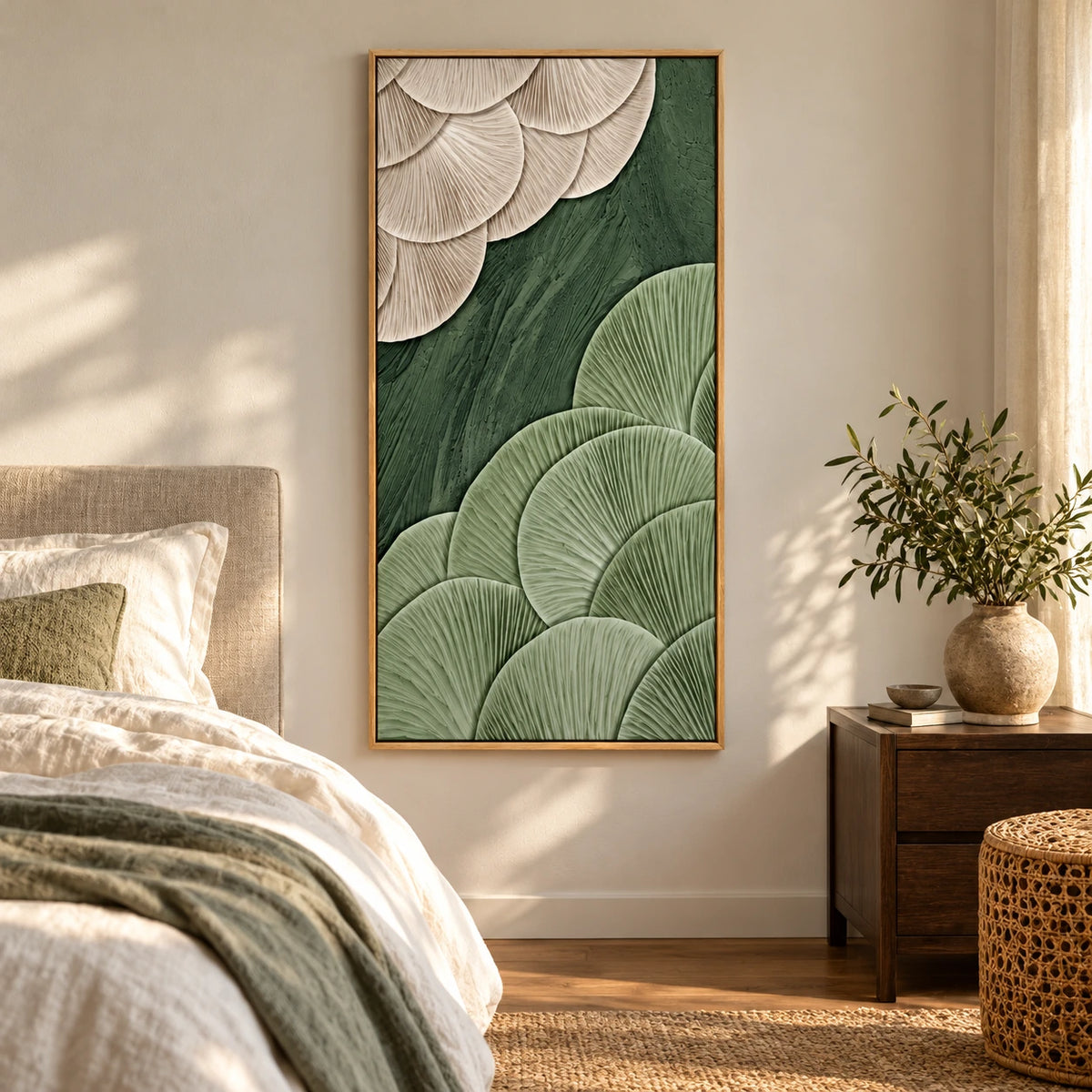 Sage Green and Ivory Fan Abstract Oil Painting | Sculptural Ribbed Texture Tall Vertical Wall Art #OA 1652