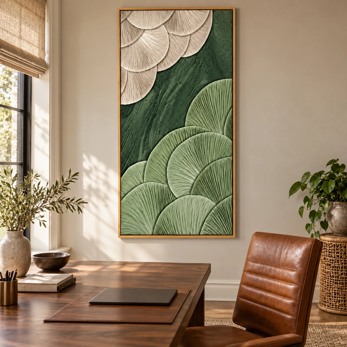 Sage Green and Ivory Fan Abstract Oil Painting | Sculptural Ribbed Texture Tall Vertical Wall Art #OA 1652