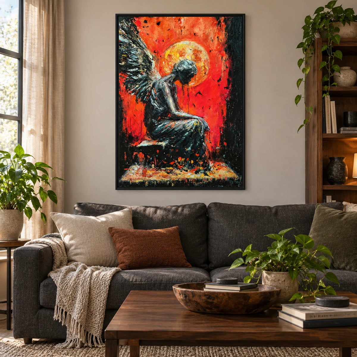 Seated Dark Angel Oil Painting | Red Orange Background Golden Halo and Textured Wings Vertical Figurative Wall Art OA 1755