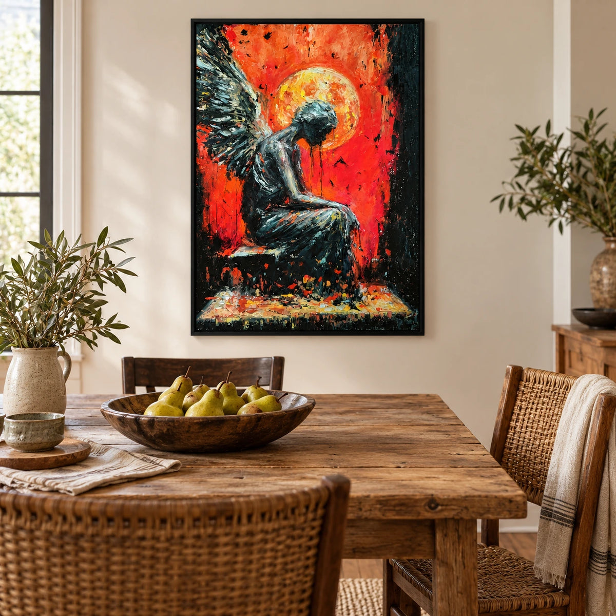 Seated Dark Angel Oil Painting | Red Orange Background Golden Halo and Textured Wings Vertical Figurative Wall Art OA 1755