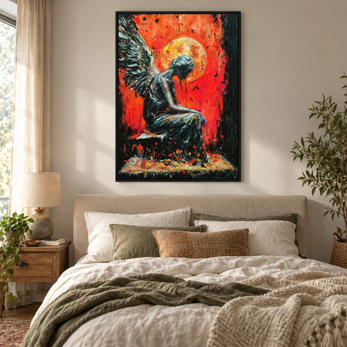Seated Dark Angel Oil Painting | Red Orange Background Golden Halo and Textured Wings Vertical Figurative Wall Art OA 1755