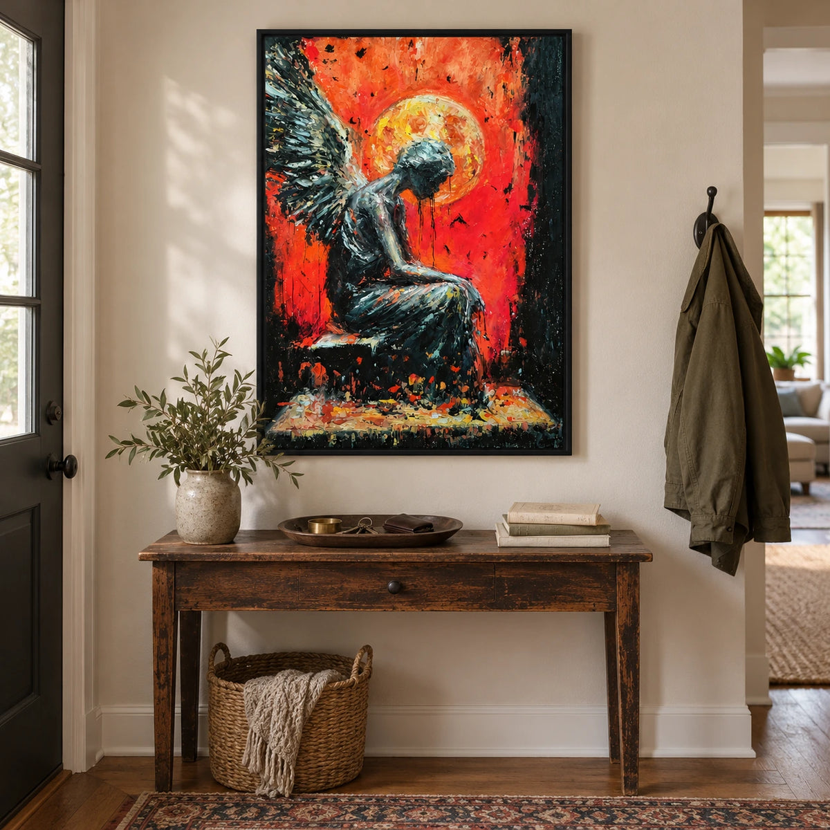 Seated Dark Angel Oil Painting | Red Orange Background Golden Halo and Textured Wings Vertical Figurative Wall Art OA 1755