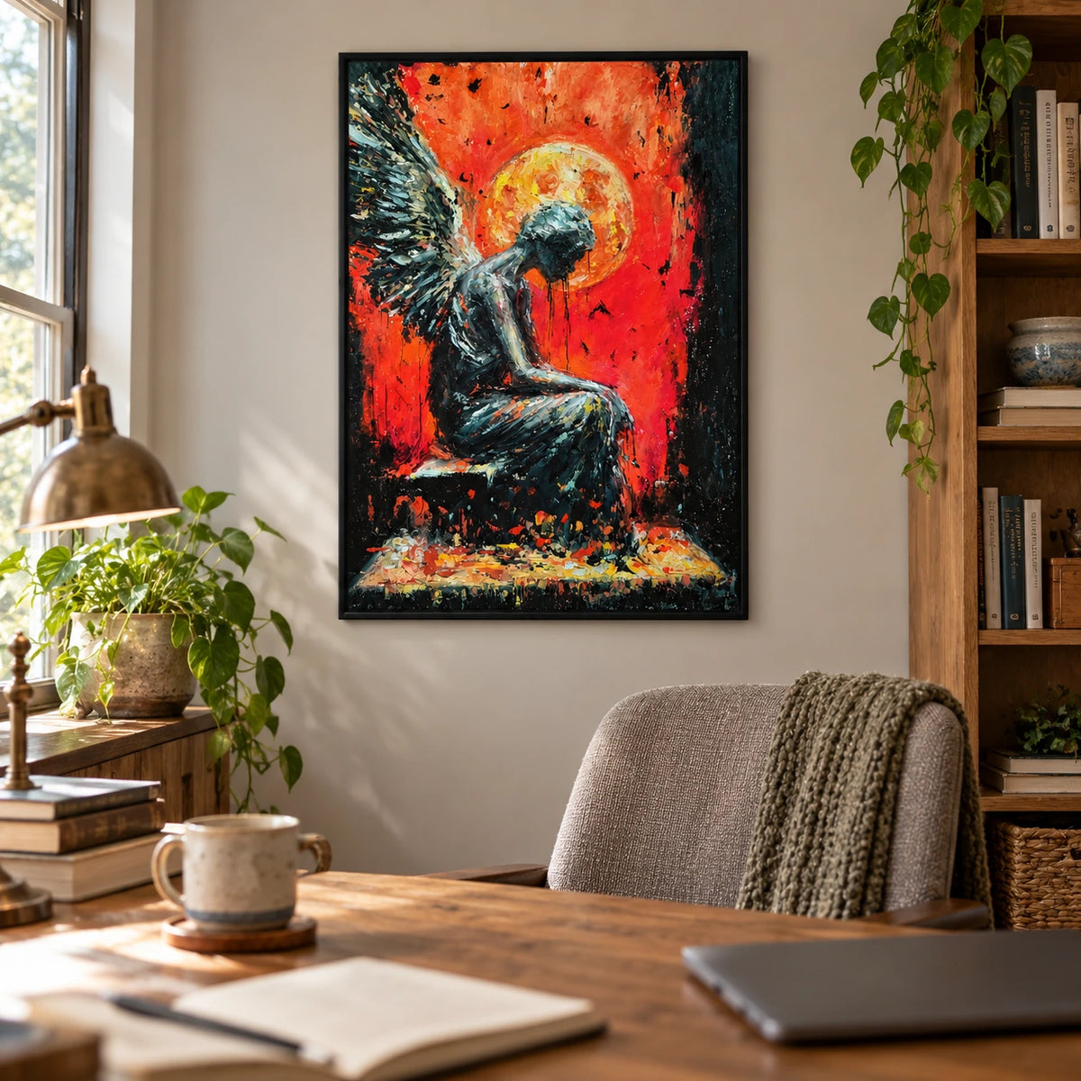 Seated Dark Angel Oil Painting | Red Orange Background Golden Halo and Textured Wings Vertical Figurative Wall Art OA 1755