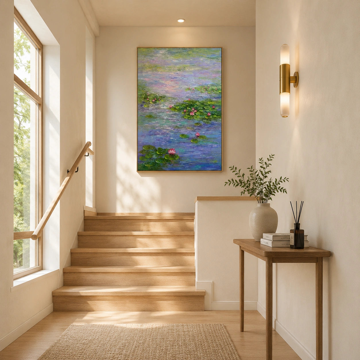Serene Water Lily Pond Hand-Painted Impasto Oil Painting, Blue Green Lotus Floral Canvas Wall Art for Living Room, Bedroom and Luxury Interiors | OwnanartOA 1228
