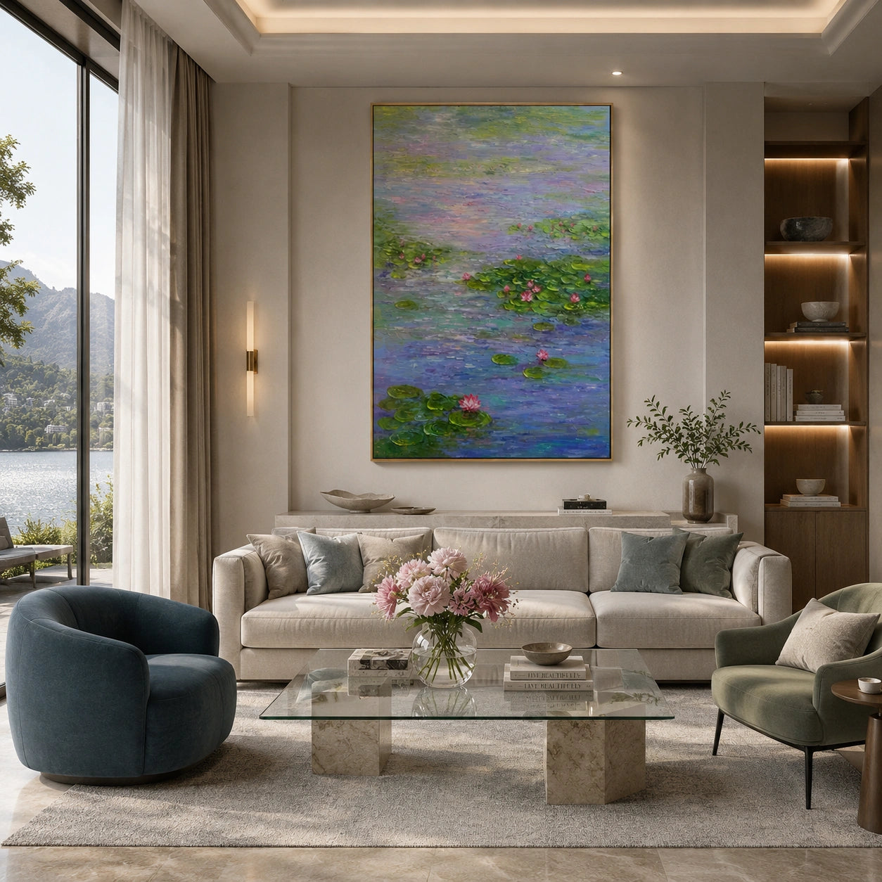 Serene Water Lily Pond Hand-Painted Impasto Oil Painting, Blue Green Lotus Floral Canvas Wall Art for Living Room, Bedroom and Luxury Interiors | OwnanartOA 1228
