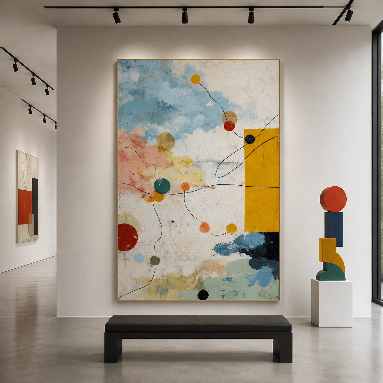 Sky Blue, Cream and Mustard Yellow Geometric Abstract Oil Painting – Vertical Mid-Century Modern Wall Art | Ownanart # OA 1206