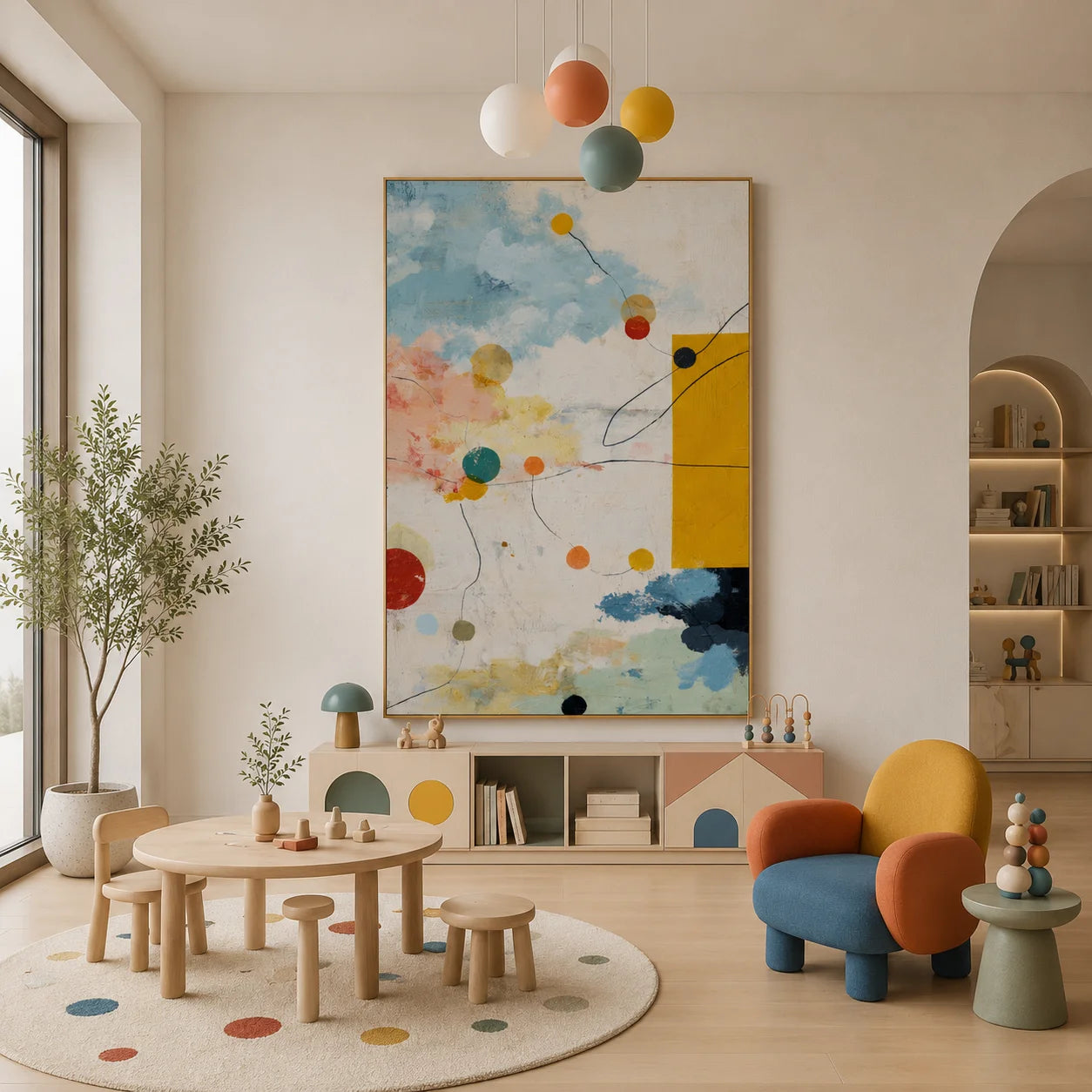 Sky Blue, Cream and Mustard Yellow Geometric Abstract Oil Painting – Vertical Mid-Century Modern Wall Art | Ownanart # OA 1206