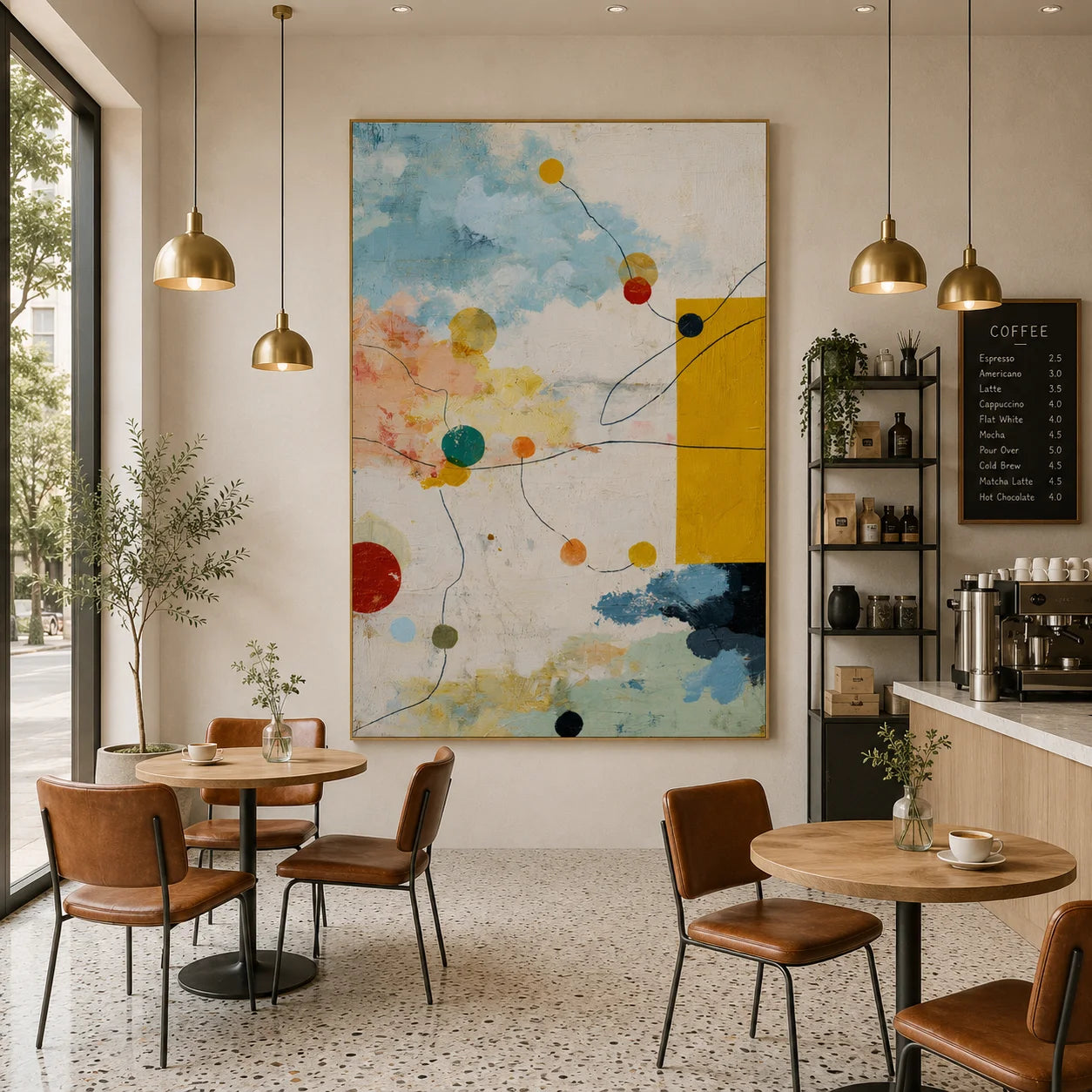 Sky Blue, Cream and Mustard Yellow Geometric Abstract Oil Painting – Vertical Mid-Century Modern Wall Art | Ownanart # OA 1206