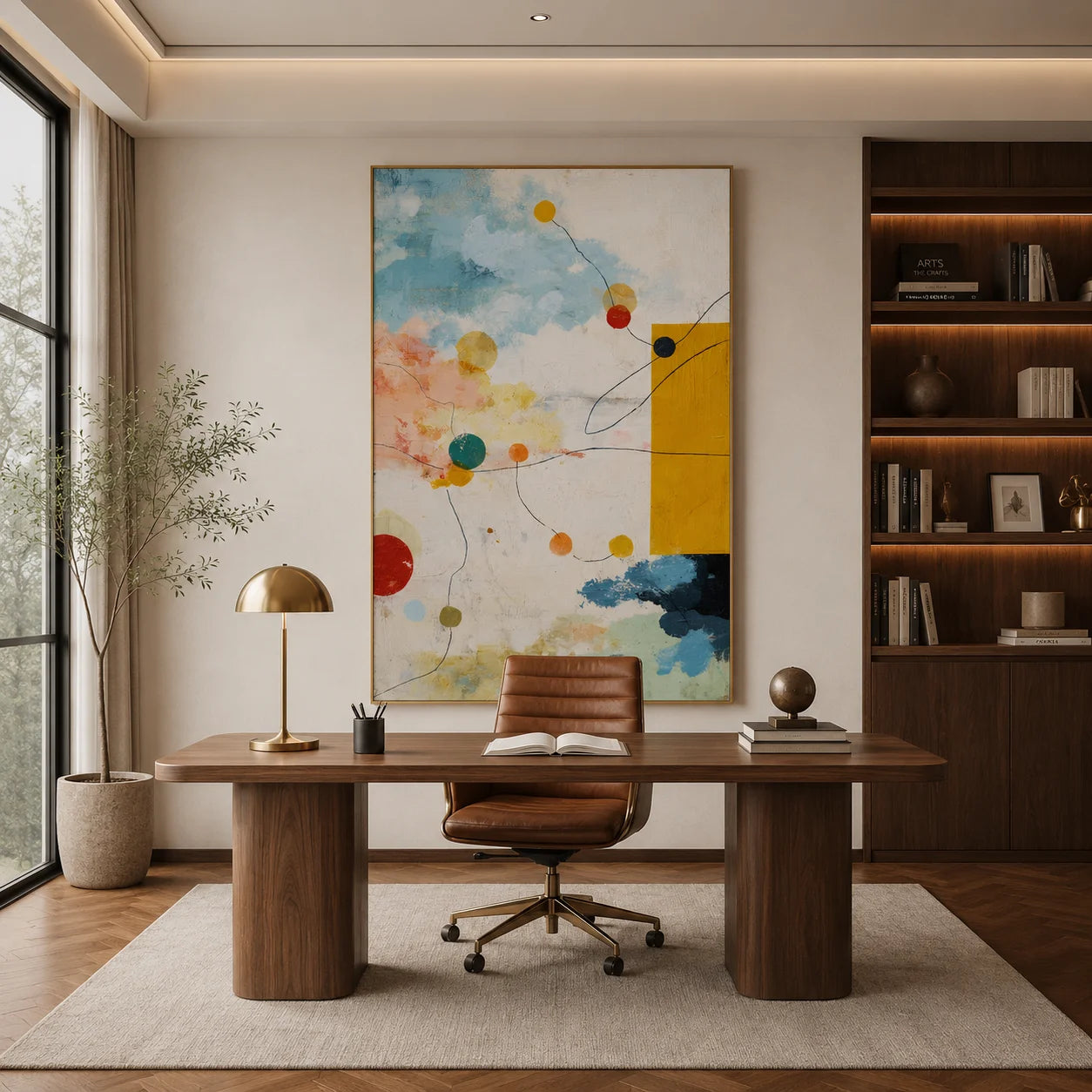 Sky Blue, Cream and Mustard Yellow Geometric Abstract Oil Painting – Vertical Mid-Century Modern Wall Art | Ownanart # OA 1206