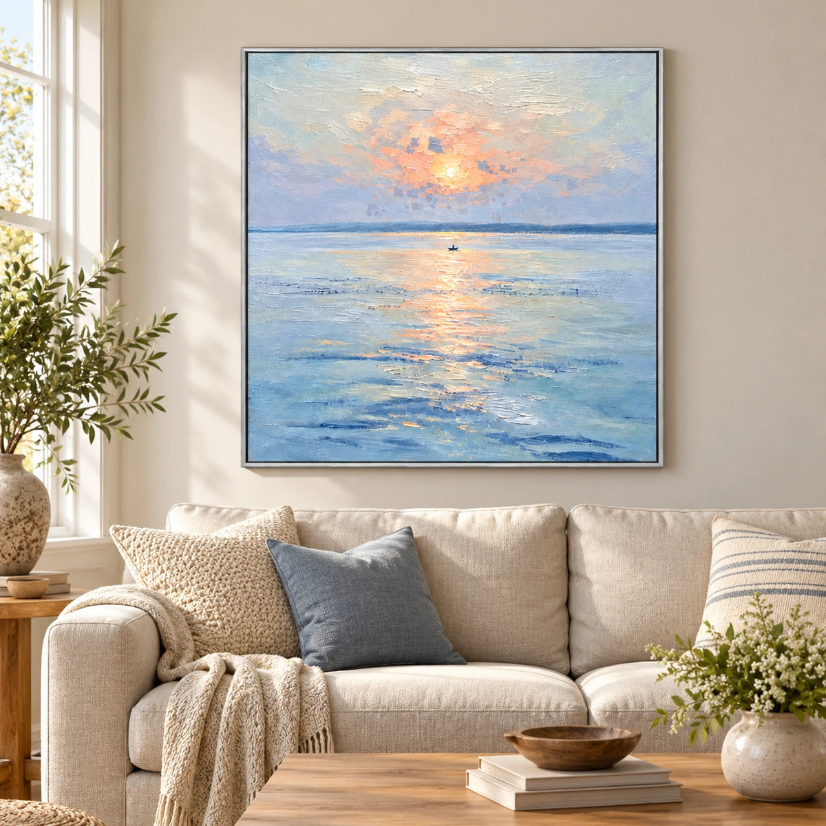 Small Boat under Pastel Sunset Oil Painting | Peach Light Blue Water and Gentle Reflections Square Seascape Wall Art OA 1738