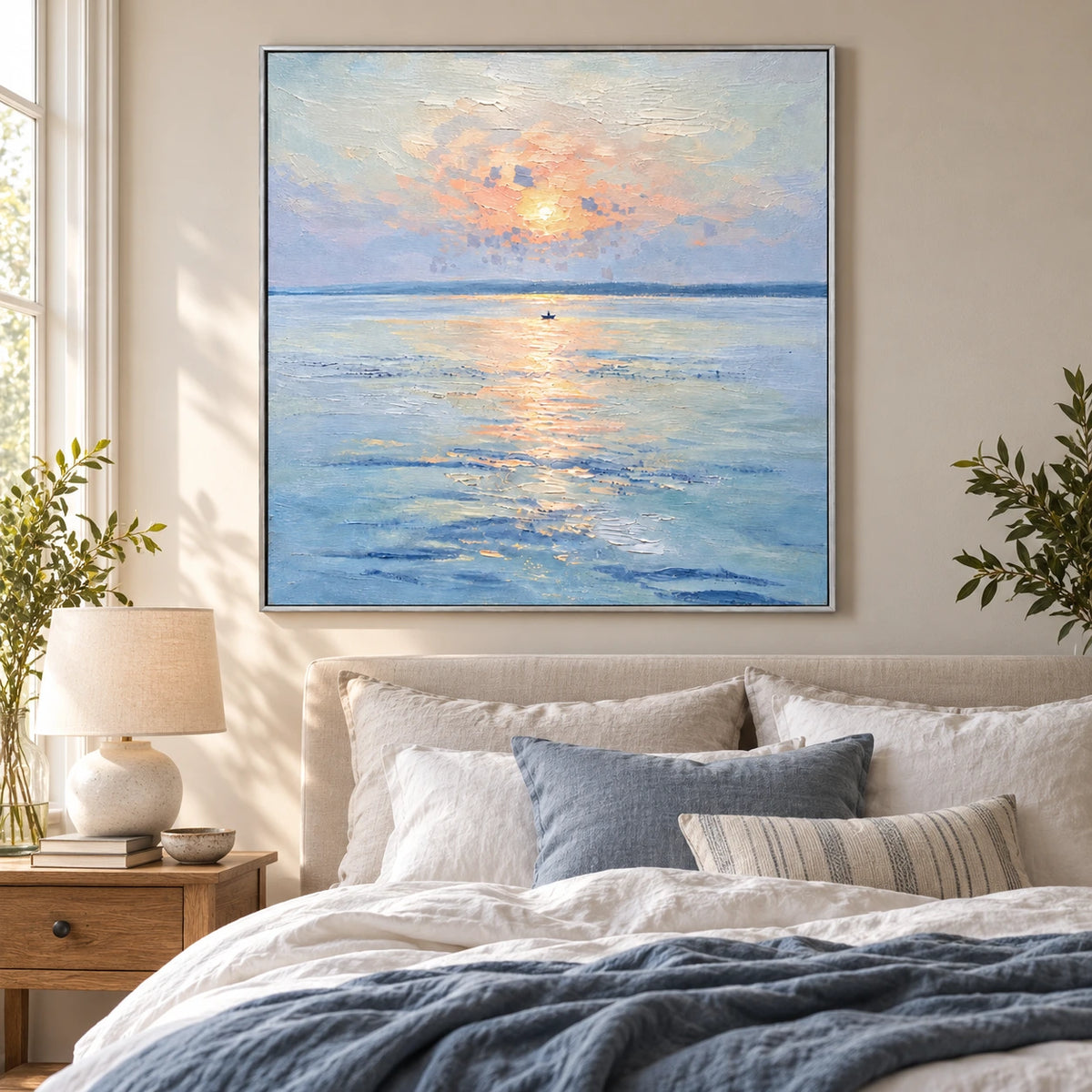 Small Boat under Pastel Sunset Oil Painting | Peach Light Blue Water and Gentle Reflections Square Seascape Wall Art OA 1738