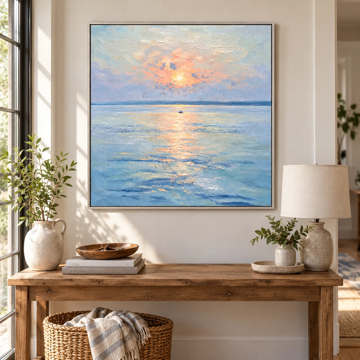 Small Boat under Pastel Sunset Oil Painting | Peach Light Blue Water and Gentle Reflections Square Seascape Wall Art OA 1738