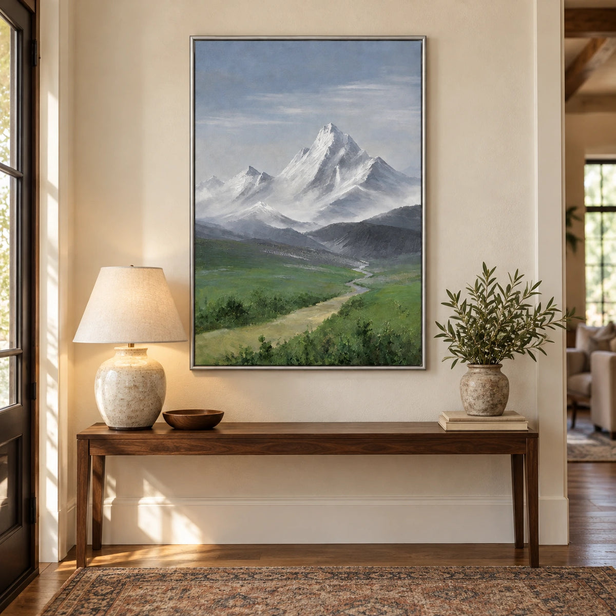 Snow Mountain and Green Valley Oil Painting | Alpine Peak with Winding River Vertical Landscape Wall Art #OA 1631