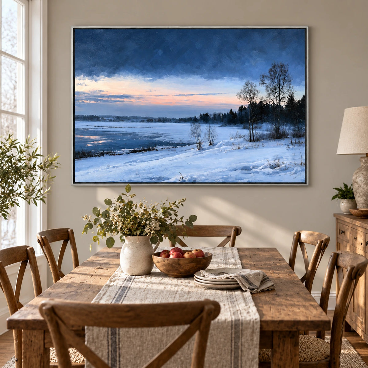 Snowy Lakeshore at Dusk Oil Painting | Blue Water Bare Trees and Pink Horizon Horizontal Winter Landscape Wall Art OA 1737