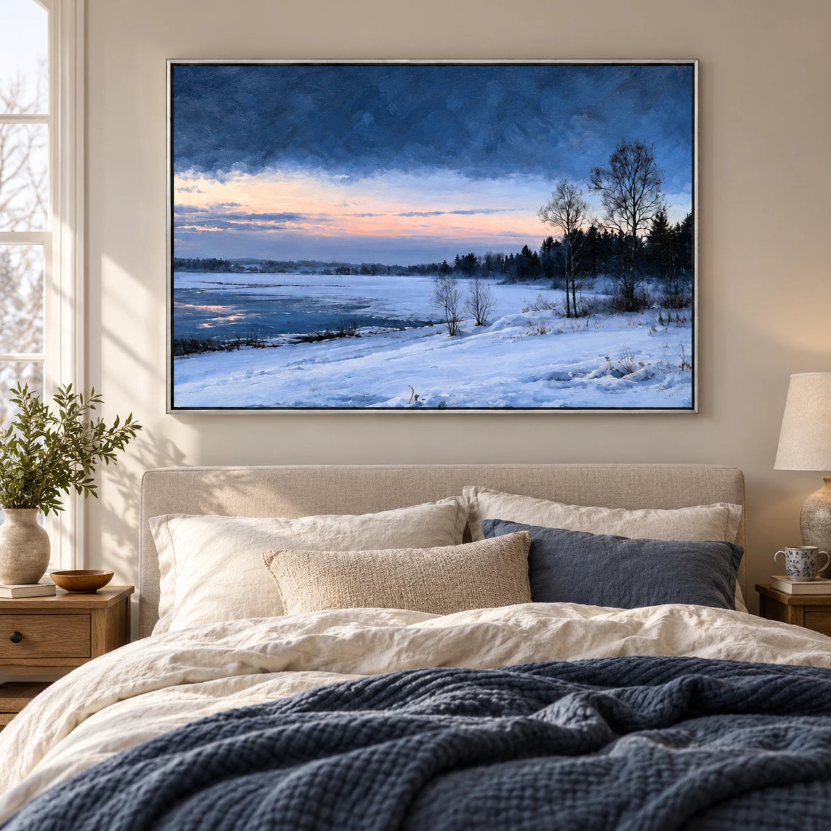 Snowy Lakeshore at Dusk Oil Painting | Blue Water Bare Trees and Pink Horizon Horizontal Winter Landscape Wall Art OA 1737