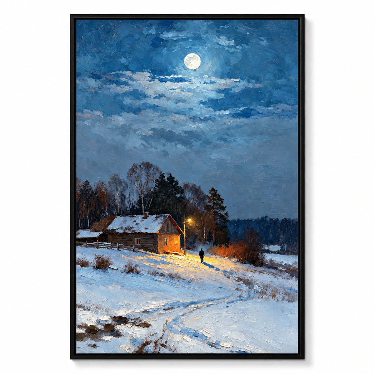 Snowy Log Cabin at Night Oil Painting | Warm Window Streetlamp and Lone Figure Vertical Winter Landscape Wall Art #OA 1709