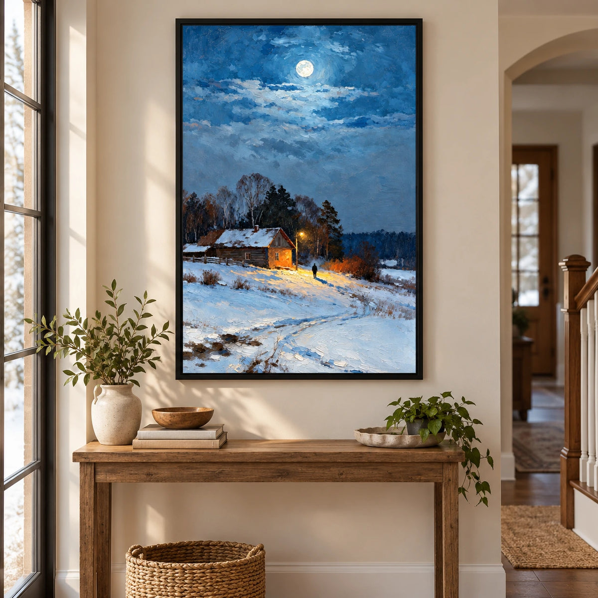 Snowy Log Cabin at Night Oil Painting | Warm Window Streetlamp and Lone Figure Vertical Winter Landscape Wall Art #OA 1709