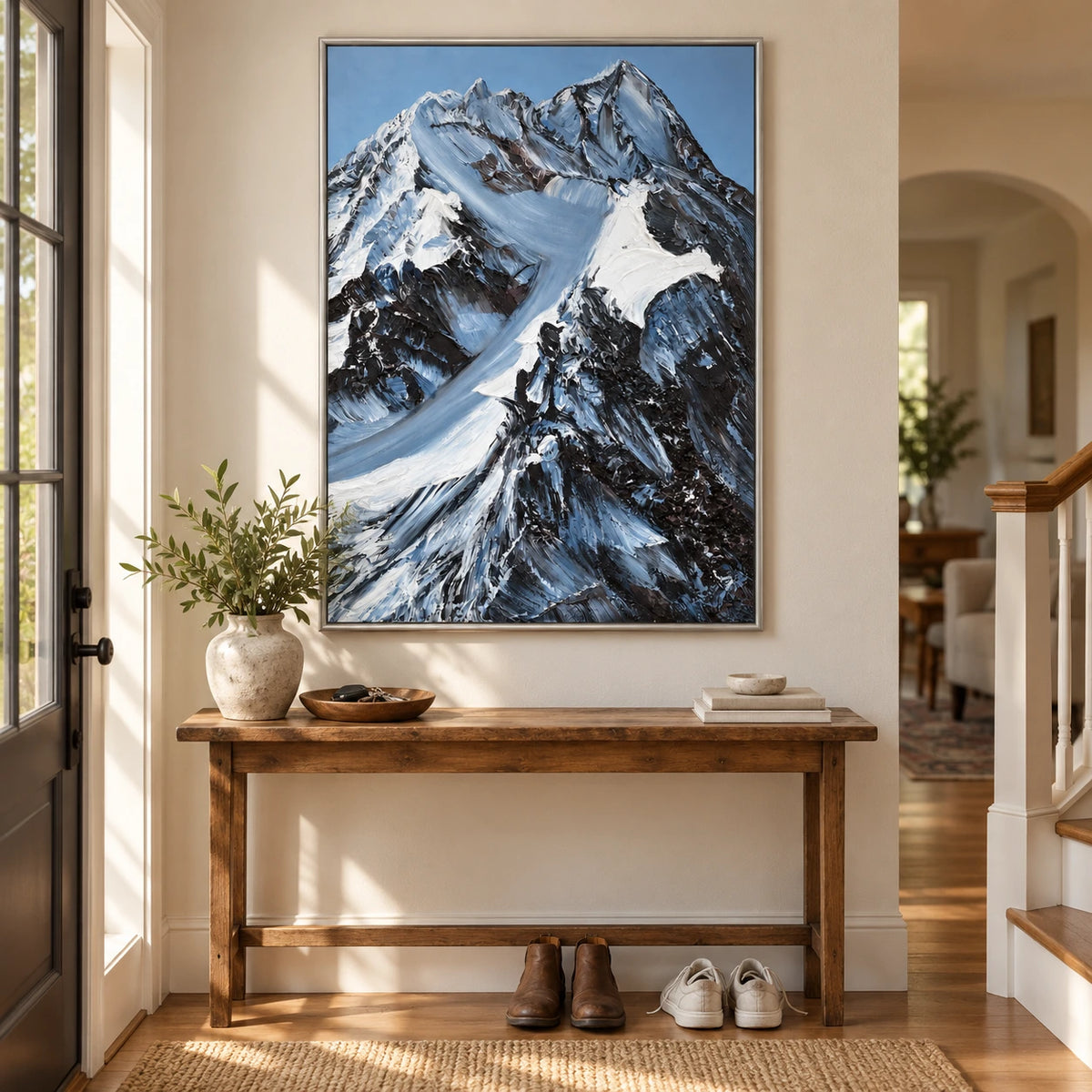 Snowy Mountain Peaks Oil Painting | Black Rock White Snow and Blue Sky Textured Vertical Alpine Landscape Wall Art OA 1787