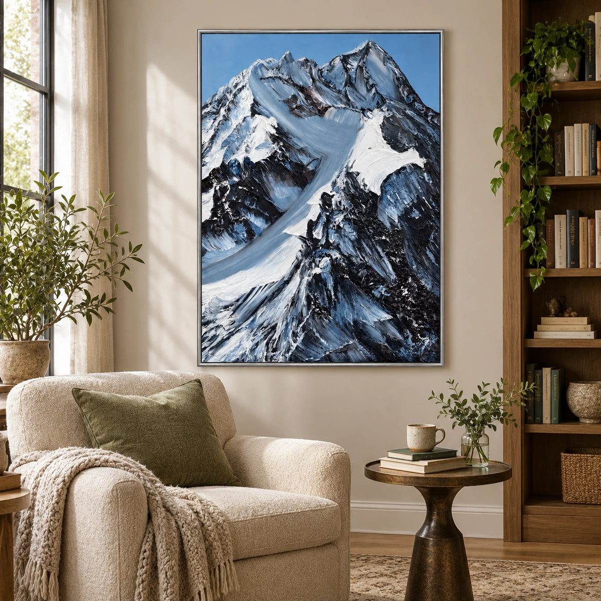 Snowy Mountain Peaks Oil Painting | Black Rock White Snow and Blue Sky Textured Vertical Alpine Landscape Wall Art OA 1787