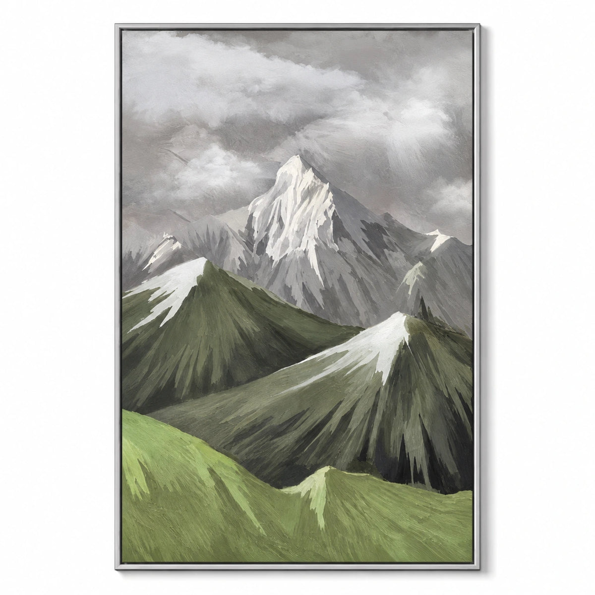 Snowy Mountain Peaks and Green Ridges Oil Painting | Grey Cloudy Sky Textured Vertical Alpine Landscape Wall Art #OA 1705