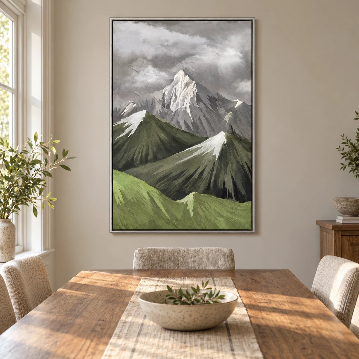 Snowy Mountain Peaks and Green Ridges Oil Painting | Grey Cloudy Sky Textured Vertical Alpine Landscape Wall Art #OA 1705