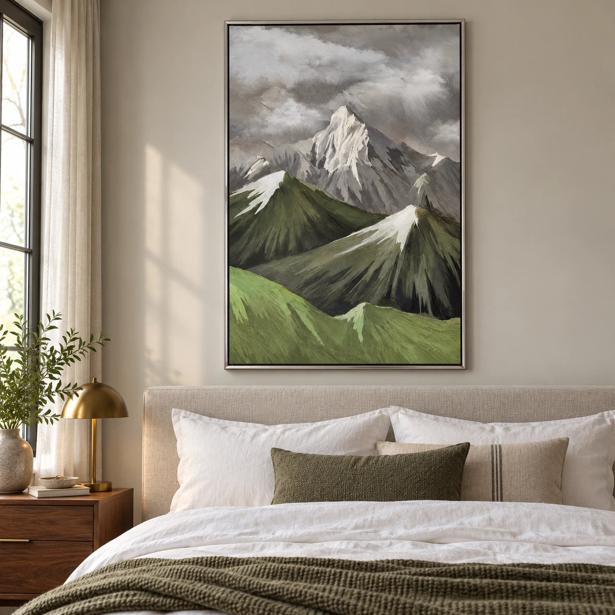 Snowy Mountain Peaks and Green Ridges Oil Painting | Grey Cloudy Sky Textured Vertical Alpine Landscape Wall Art #OA 1705