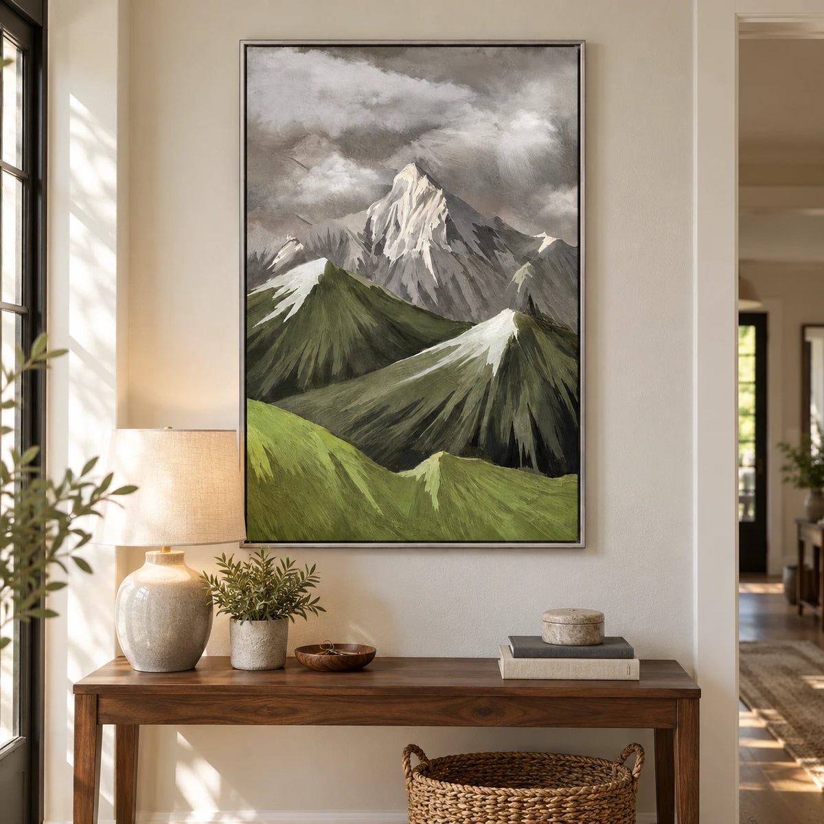 Snowy Mountain Peaks and Green Ridges Oil Painting | Grey Cloudy Sky Textured Vertical Alpine Landscape Wall Art #OA 1705