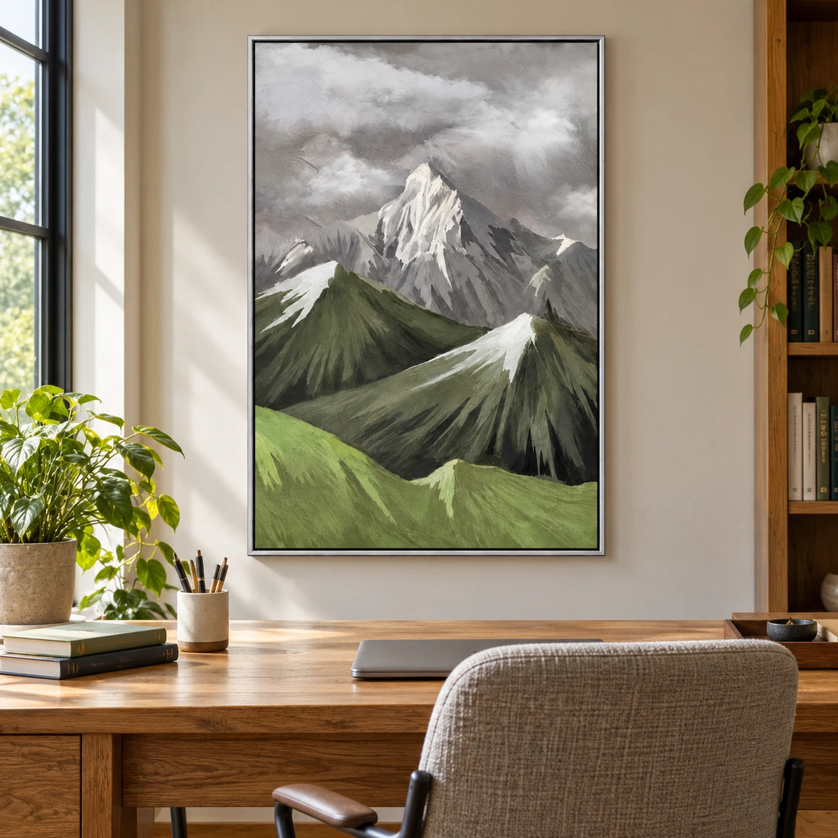 Snowy Mountain Peaks and Green Ridges Oil Painting | Grey Cloudy Sky Textured Vertical Alpine Landscape Wall Art #OA 1705