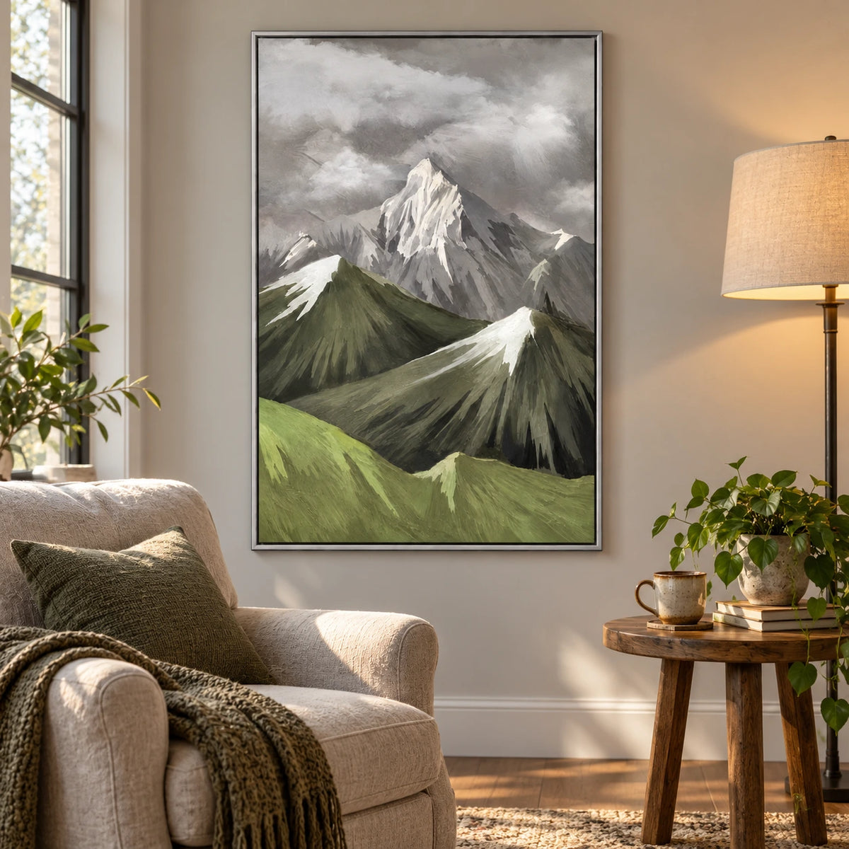 Snowy Mountain Peaks and Green Ridges Oil Painting | Grey Cloudy Sky Textured Vertical Alpine Landscape Wall Art #OA 1705