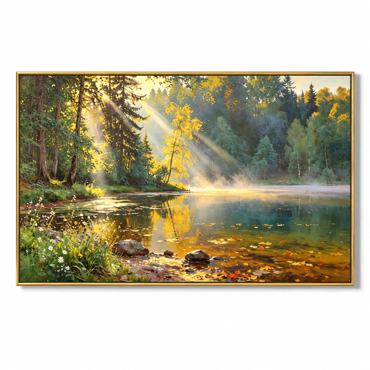 Sunbeams over Forest Lake Oil Painting | Golden Leaves Misty Water and Shoreline Wildflowers Horizontal Landscape Wall Art #OA 1724