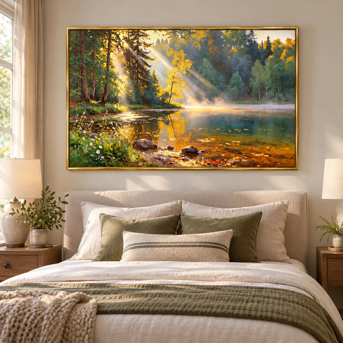 Sunbeams over Forest Lake Oil Painting | Golden Leaves Misty Water and Shoreline Wildflowers Horizontal Landscape Wall Art #OA 1724