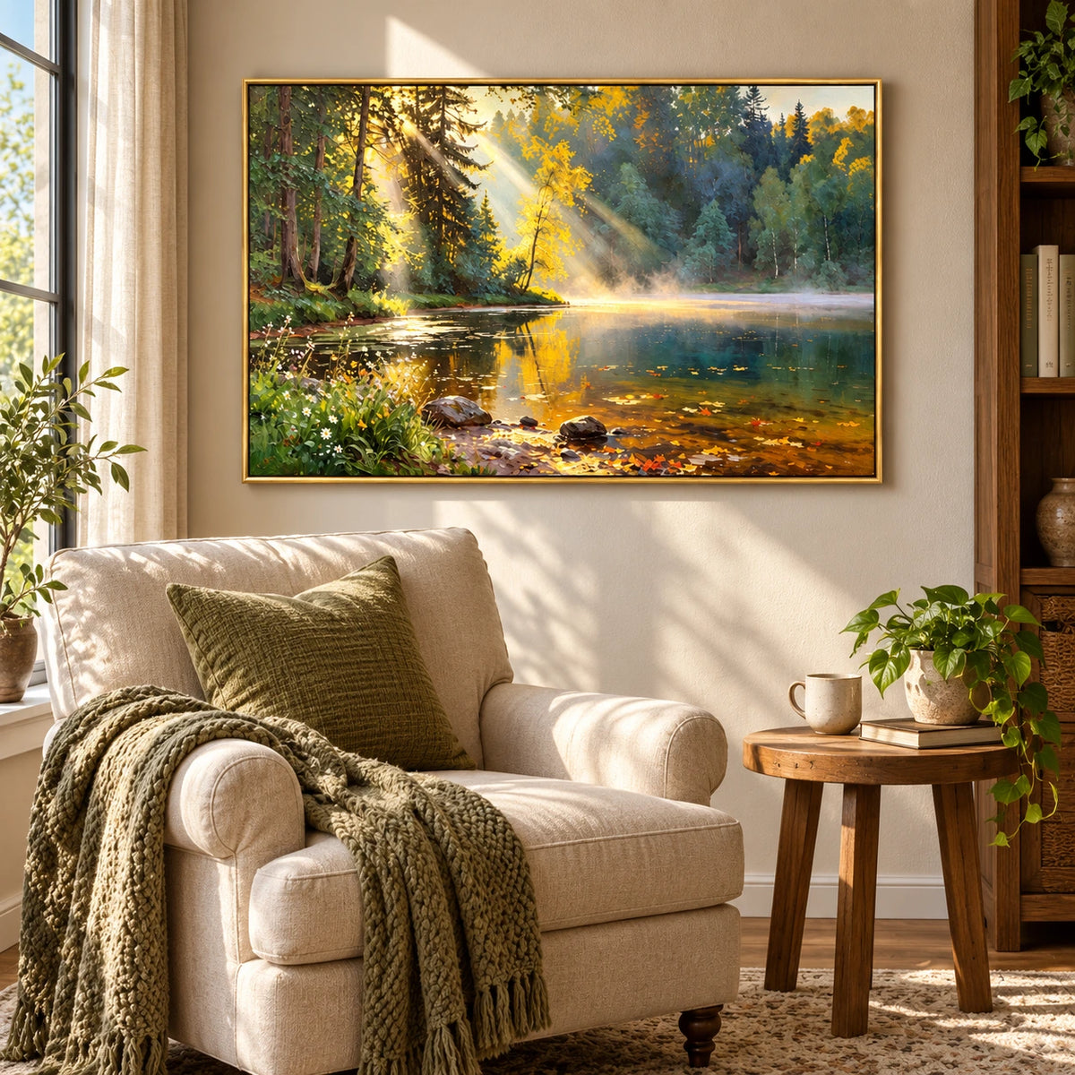 Sunbeams over Forest Lake Oil Painting | Golden Leaves Misty Water and Shoreline Wildflowers Horizontal Landscape Wall Art #OA 1724