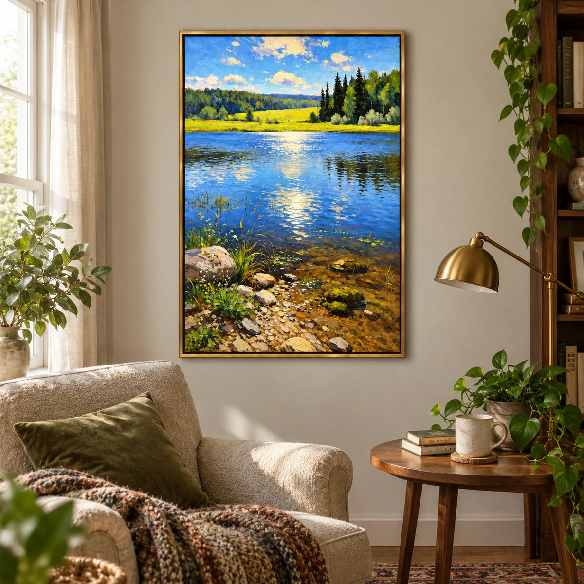 Sunlit Blue Lake Oil Painting | Green Meadow Pine Trees Rocky Shore and Golden Reflections Vertical Landscape Wall Art OA 1752