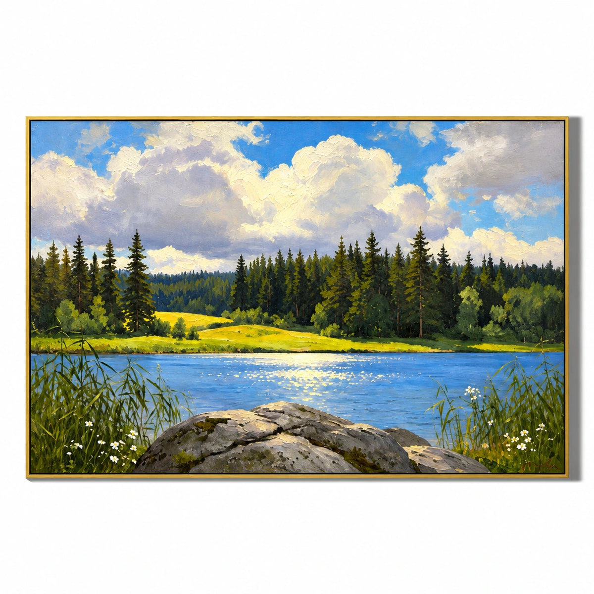 Sunlit Forest Lake Oil Painting | Blue Water Pine Trees White Clouds and Shoreline Rocks Horizontal Landscape Wall Art #OA 1701