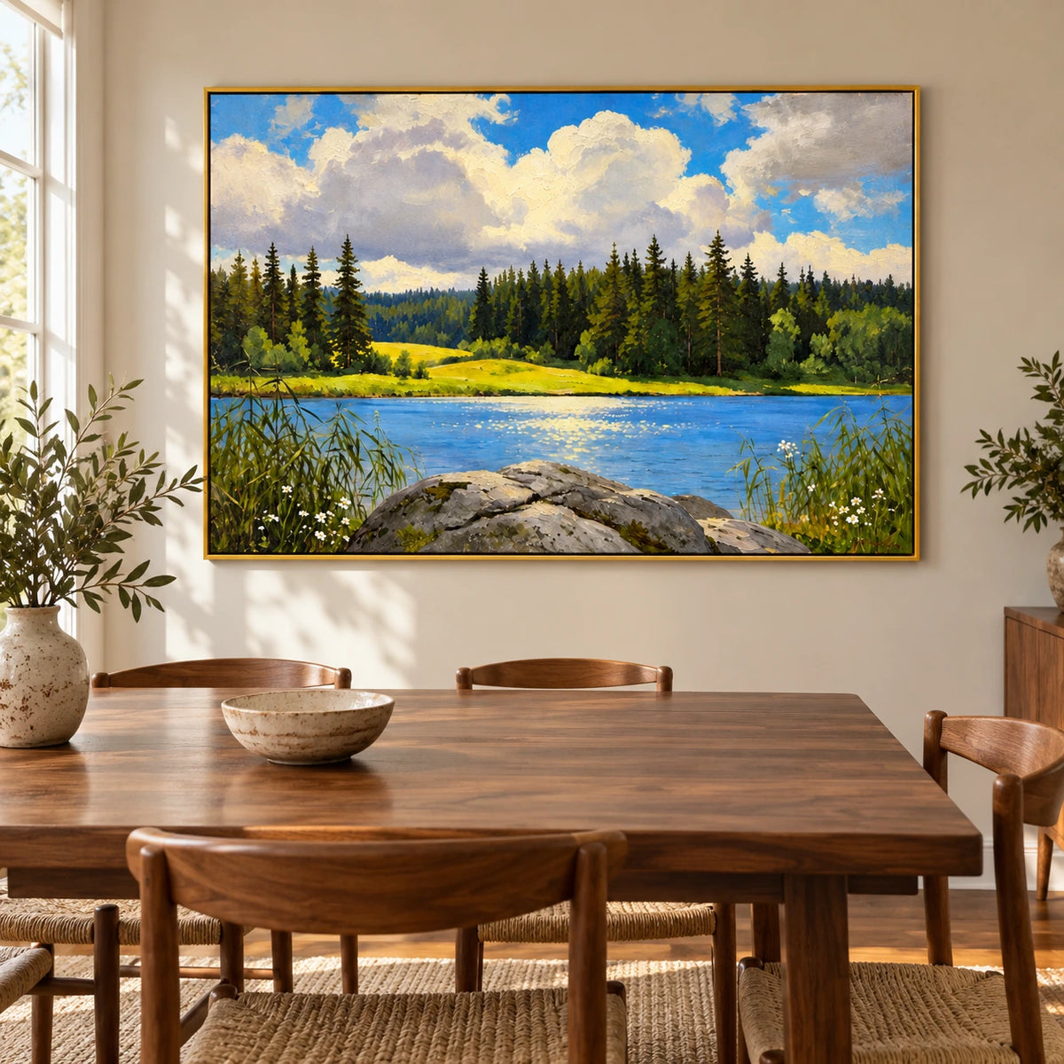Sunlit Forest Lake Oil Painting | Blue Water Pine Trees White Clouds and Shoreline Rocks Horizontal Landscape Wall Art #OA 1701